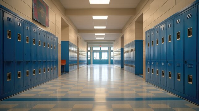 Empty school hallway with royal blue metal lockers along both sides of the hallway