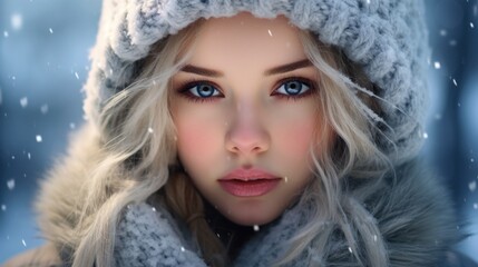 Frozen young woman in winter clothes