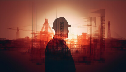 Silhouette construction engineer in the process of checking the construction site for the early morning jobs with lens flare light effect - obrazy, fototapety, plakaty