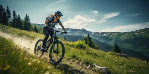 Mountain biking woman riding on bike in summer mountains forest landscape.