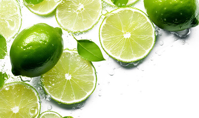 limes splashed with water on white background