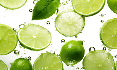 Fresh green limes splashed with water on white background