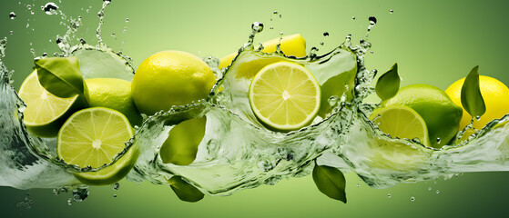 Fresh green limes splashed with water on color background