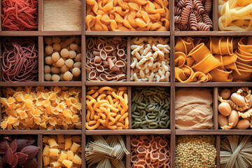 layout of Italian raw pasta, top view, different types and shapes of pasta, durum wheat noodles, close-up.