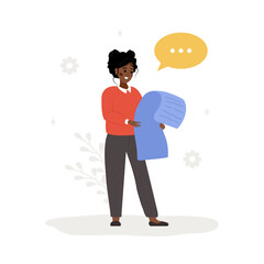 User manual concept. Female character with guide instruction. African woman reading user agreement, terms and conditions. FAQ or customer support. Vector illustration in flat cartoon style.