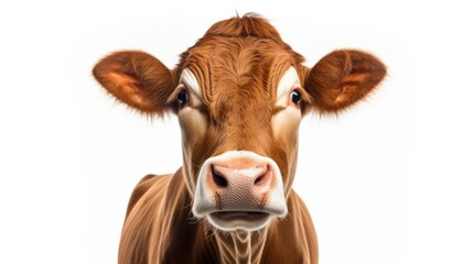 Head and shoulders close up portrait of a friendly cow isolated on a white background