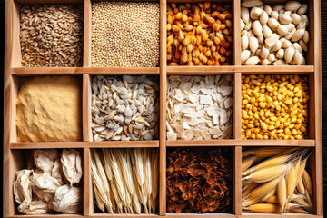 Various groats legumes, grains. Many types of cereals collected together. Agriculture and healthy eating concept. Close-up. Selective focus.