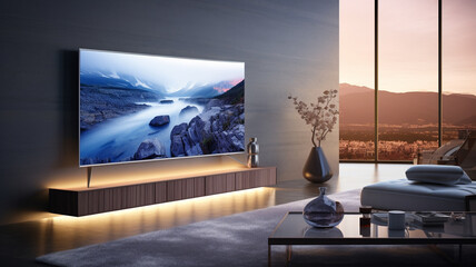 living room interior with led tv and windows. - obrazy, fototapety, plakaty