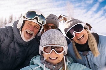 A happy group of people, friends enjoying at ski resort doing selfie. Sunny winter morning, beautiful day.