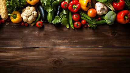 Top view of fresh vegetable and salad bowls on kitchen wooden worktop promoting healthy eating