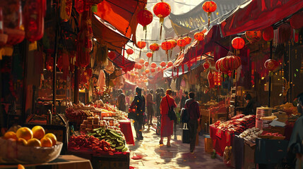 A bustling Chinese New Year market scene filled with red decorations, lanterns, and festive stalls,...