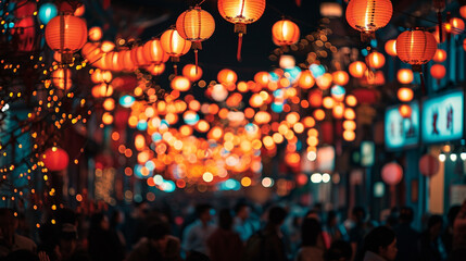A dynamic shot of a vibrant street parade featuring traditional Chinese New Year lanterns,...