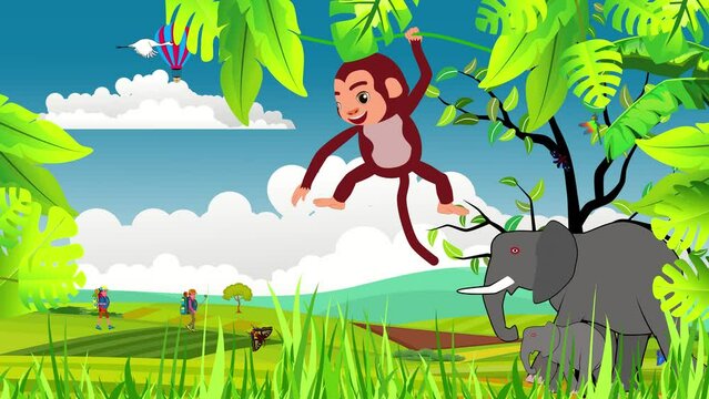 Monkey hanging from lians elephant walking african jungle scene cartoon animation