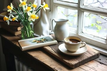 Cozy Easter spring still life. Greeting card mockup scene. Cup of coffee, books, wooden cutting board, milk pitcher and vase of flowers on windowsill. Floral composition. generative ai. - obrazy, fototapety, plakaty