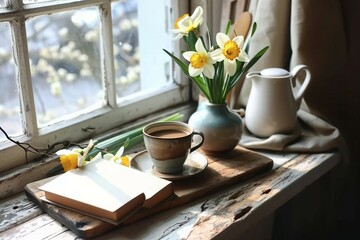 Cozy Easter spring still life. Greeting card mockup scene. Cup of coffee, books, wooden cutting board, milk pitcher and vase of flowers on windowsill. Floral composition. generative ai. - Powered by Adobe