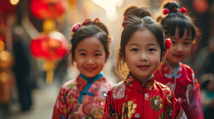 Adorable image of children dressed in traditional Chinese attire, representing the innocence and joy associated with the Chinese New Year festivities. 