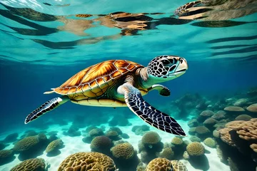 Fotobehang Digital art of a sea turtle swimming in the ocean, in front of a tropical island in summer. This artwork is inspired by the beauty of the tropical ocean and marine life © Sajjad