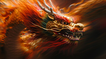 An artistic representation of a Dragon Dance in motion blur, capturing the dynamic energy and fluidity of the dance as it wards off evil spirits. --ar 