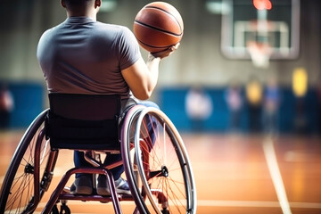Disabled man in a wheelchair with a basketball. Basketball court. Sports for people with disabilities. Active life.