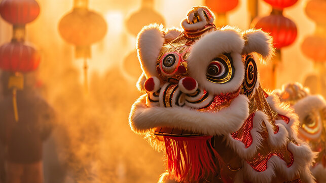 A visually stunning photograph of a Lion Dance against the backdrop of a golden sunset, creating a warm and powerful image that embodies the spirit of the Chinese tradition. 