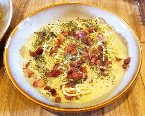 Dish of Spaghetti Carbonara with Bacon