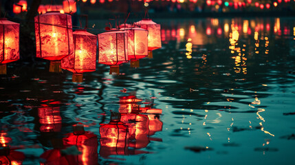 Chinese New Year lanterns casting vibrant reflections on still water, symbolizing renewal and prosperity in the coming year