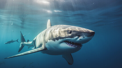 Fototapeta premium a great white shark, piercing gaze, intense details