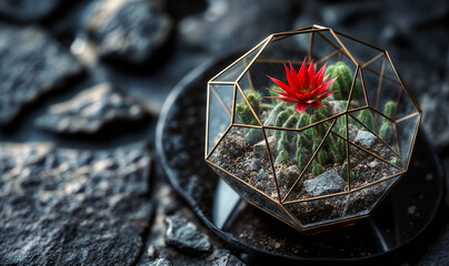 Diamond shaped glass container with metal edges and a small succulent inside. Generative AI.