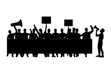 Silhouette of a group of men demonstrating in protest carrying a banner