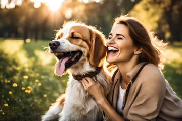 A beautiful woman laughing while her is licking her face in a sunny day in the park. The dog is on...