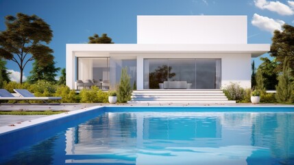 Minimalist modern white house exterior with swimming pool terrace - Powered by Adobe