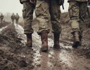 Illustration of back view crop group of soldiers in uniform and