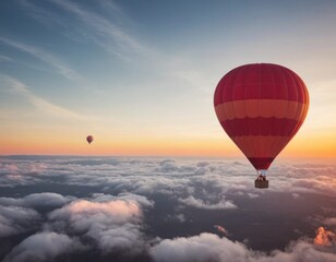 Illustration of red hot air balloon flying over fluffy clouds ag