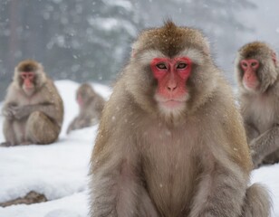 Japanese macaque snow monkeys (Macaca fuscata) in the snow, fog,