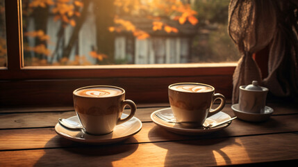 Hot beverages on wooden table