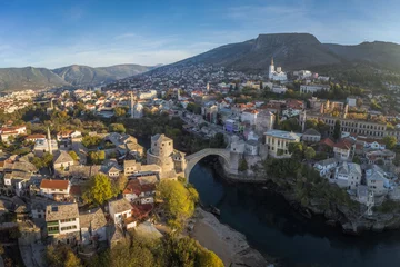 Cercles muraux Stari Most Morning aerial view of Mostar and Neretva River