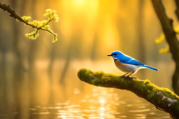 Natural background and a small blue bird perched on a branch with a small moss tree, covered in the forest by water against the yellow light of the background of the spring morning sun