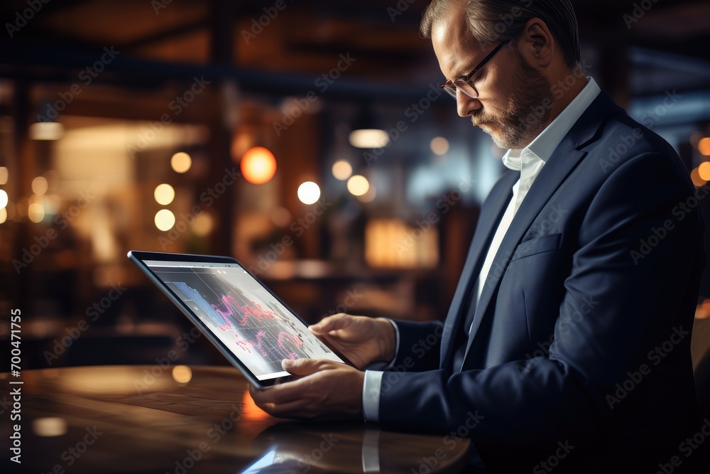 Fototapete Business man using a tablet with a graph on it, Mobile communication, Digital technology concept. Generative AI.