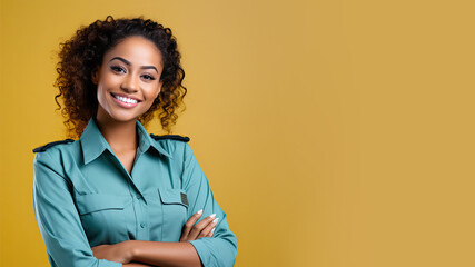 Afro woman in Airline Ground Crew uniform isolated on pastel background