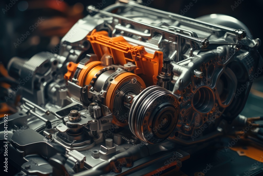 Poster The mechanical arm is assembling the engine of the car and the operation is precise and efficient. Generative AI.