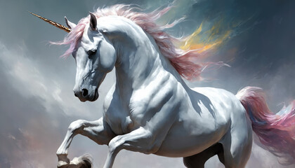 Fantasy Illustration of a wild unicorn Horse. Digital art style wallpaper background in pastel colors.