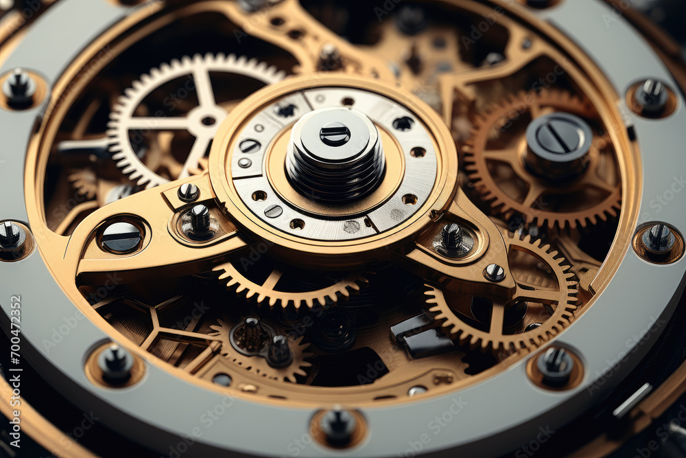 Poster A complex mechanism, Consisting of gears, Rods and buttons. Generative AI.