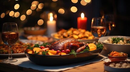 View of Christmas dinner. Generative AI. - obrazy, fototapety, plakaty