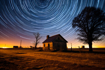 The stunning star trails circling in the night above the small farm house in the rural area.