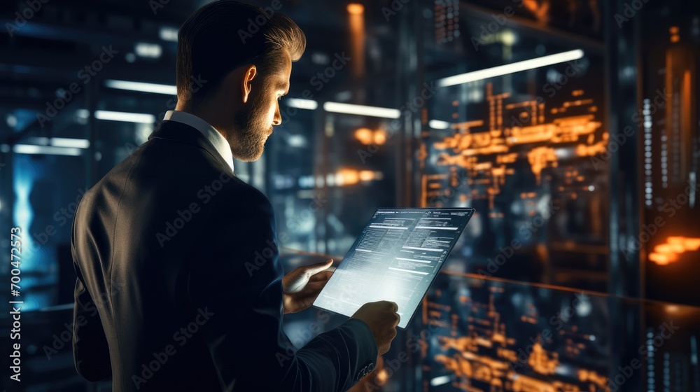 Poster businessman check electronic documents on digital documents and checklist approve, online evaluation