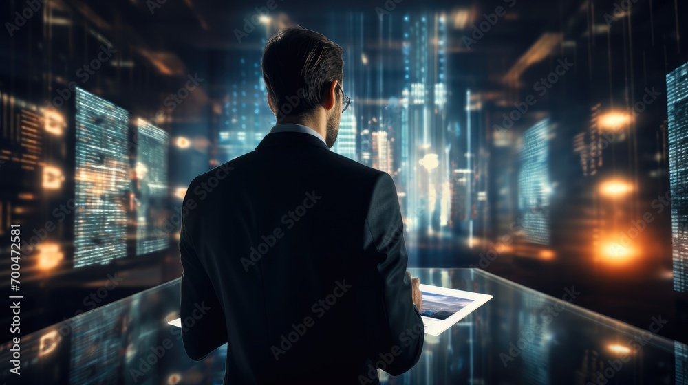 Aufkleber Businessman check electronic documents on digital documents and checklist approve, Online evaluation of business on virtual interface, Communication technology concept. Generative AI.