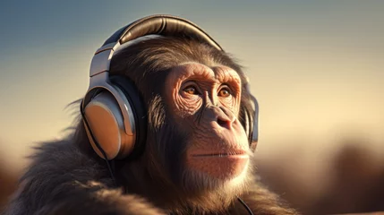 Rolgordijnen Portrait of monkey listening to music on headphones in house © Fly Frames