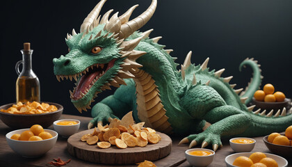 Fantasy green dragon illustration. Sitting at table with lots of food. Year 2024 Symbol art	
