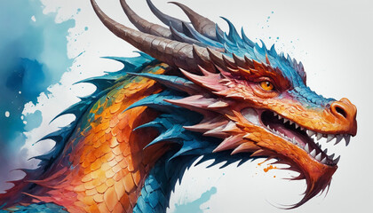 Fantasy dragon illustration. Watercolor style vivid colors. Dragon`s had profile closeup. Year 2024 Symbol art	
