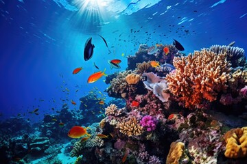 Scuba diving in ocean coral reef sea under water. AI Generated